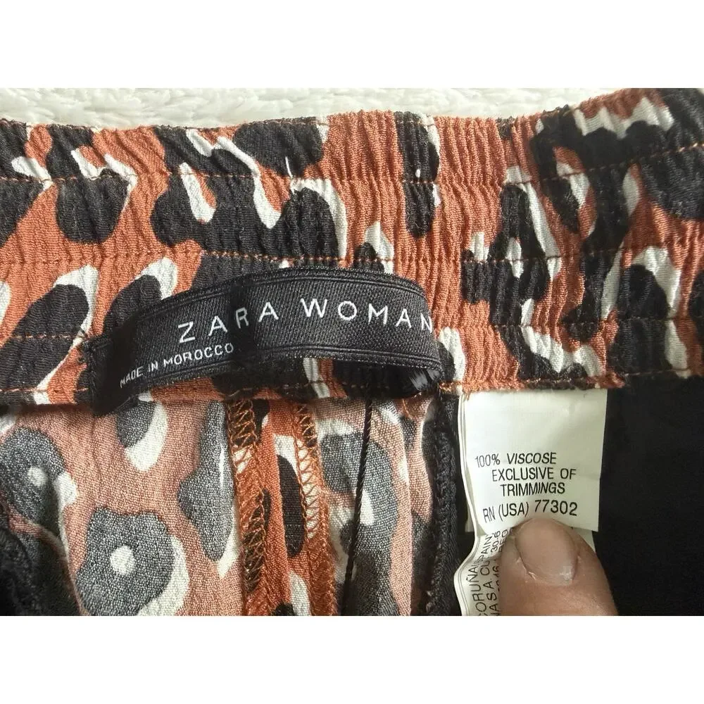 Zara Pants Women’s XL Brown Leopard Art Waist Tie Side Stripe Ankle Pockets - Picture 3 of 5